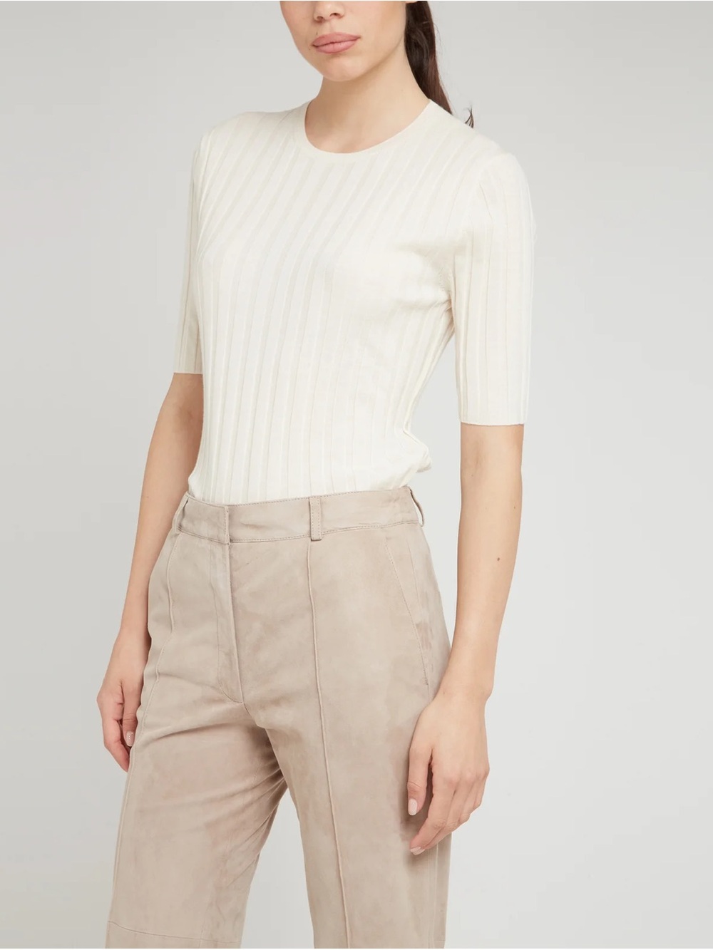 Allude Ribbed Cotton & Silk Blend Sweater Ivory M Medium Elbow Sleeve Crewneck
